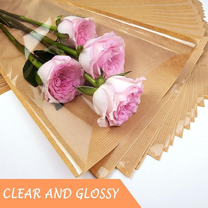 SELANTAG 50 Pack Flower Bags for Bouquets, Kraft Floral Wrapping Paper, Sleeves Perfect for Mother's Day, Wedding (9.8in x 18in x 3.9in)