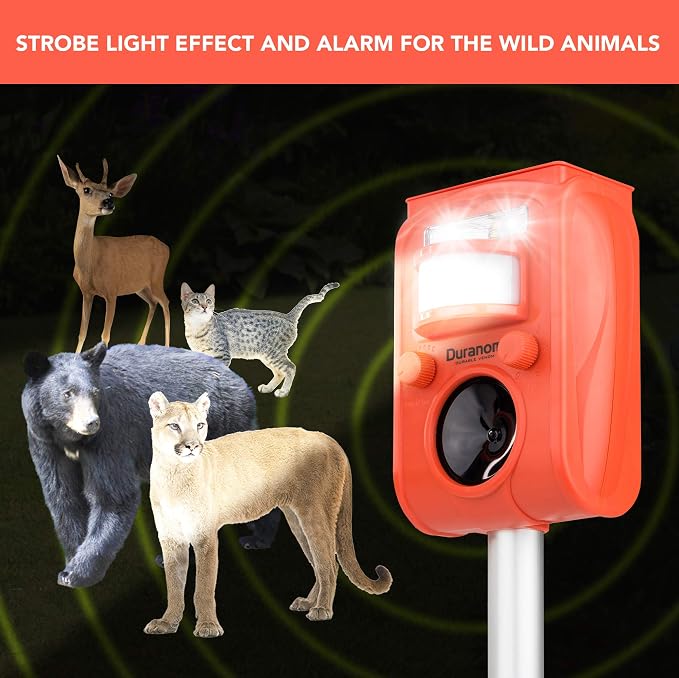 DURANOM Solar Animal Repeller – Ultrasonic & Strobe Motion Sensor Deterrent for Deer, Raccoons, Cats, Dogs – Outdoor Garden Protection, Solar Powered & USB Rechargeable
