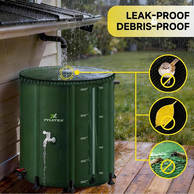 100 Gallon/380L Collapsible RainWater Collection Barrel,Water Tank&Reinforced with 2mm Frame Portable Rain Catcher,Includes Quick-Connect Tap&Sprinkler,Heavy Duty 0.6mm PVC for Long-Lasting Use,Green