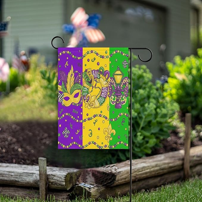 Happy Mardi Gras House Flag 28x40 Inch Double Sided Outside Fleur de Lis Masquerade Mask Carnival Seasonal Yard Outdoor Flag Banner for Garden Lawn Patio Holiday Decorations