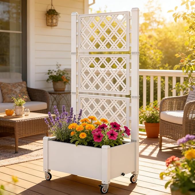 Miory 60" Raised Garden Bed with Trellis & Wheels, Vertical Gardening Planter Box with Water Level Indicator and Drainage System for Garden Outdoor Patio Balcony