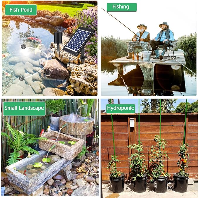 Lewisia 4W Solar Pond Aerator Air Pump Kit with Air Hose and Bubble Stones 3 Working Modes Bubble Oxygenator