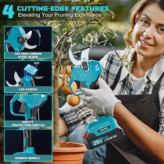 MtiolHig Electric Pruning Shears, 0.8-2 Inch Cutting Diameter Brushless Electric Pruner with 2 x 2.0Ah Rechargeable Batteries, Cordless Electric Scissors - with LCD Display for Tree Branch