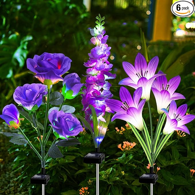 MRHEPHAESTUS Solar Garden Lights, 6 Pack Solar Flowers Lights with Lily Rose Delphinium, Waterproof Gardening Gifts for Mom Grandma Women,Multi-Color Changing Outdoor Light for Garden Yard Patio Lawn