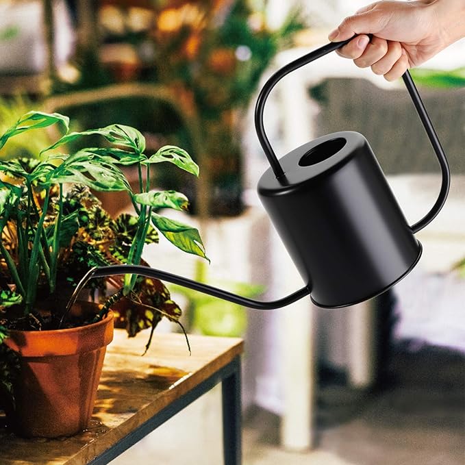 Fasmov 51 Oz Stainless Steel Watering Can Modern Style Watering Pot, Watering Can with Long Spout for Easy Pour, Water Outdoor Garden, Indoor Plant (Black)