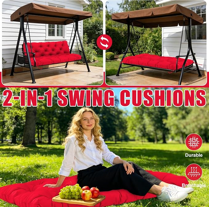 Porch Swing Cushions 70 inch Waterproof & Fade Resistant Thicken 5" Outdoor Swing Cushions 3 Seater Replacement with Backrest & Ties Patio Swing Cushions for Outdoor Furniture (Red)