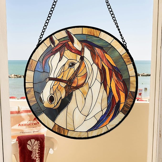 DASTOLL Stained Glass Window Hanging, Animal Horse Colored Mane Sun Catchers Glass Panel Cool Suncatcher Decor for Birthday for Women, Men, Wife, Aunt, and Mom 14.9x14.9 in