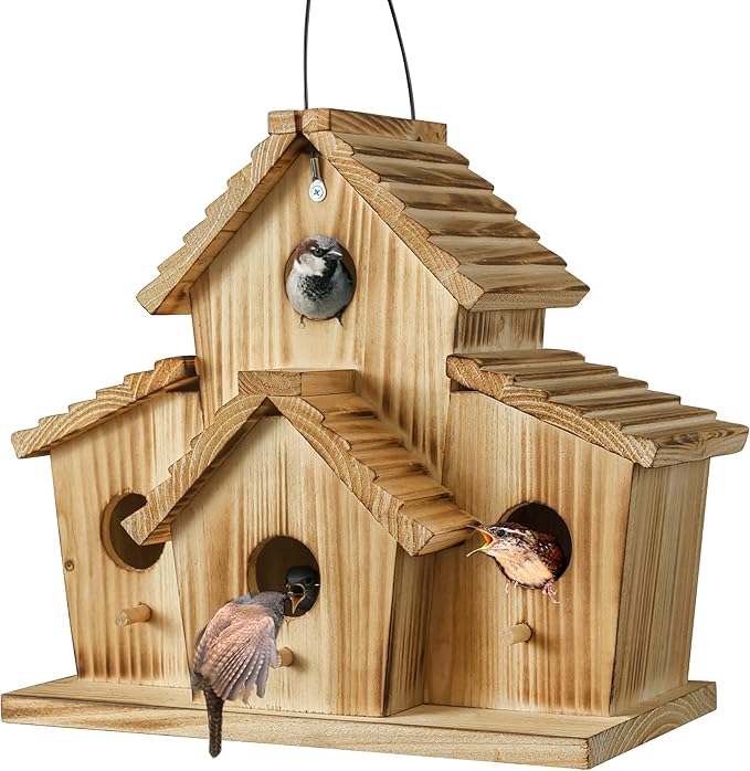 Bird Houses for Outside,Bluebird Finch 4 Room Outdoor Bird Houses for Garden, Up to 4 Bird Families, Large Hole for Bird Families' Needs
