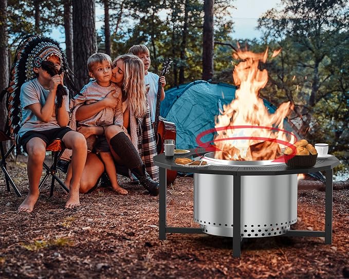 Fire Pit Surround Tabletop for Solo Stove Bonfire, Tiki, Outdoor Smokeless Fire Pit Table for Wood Burning Fire Pits, Powder-Coated Steel Stove Table Surround with Cover for Solo Stove