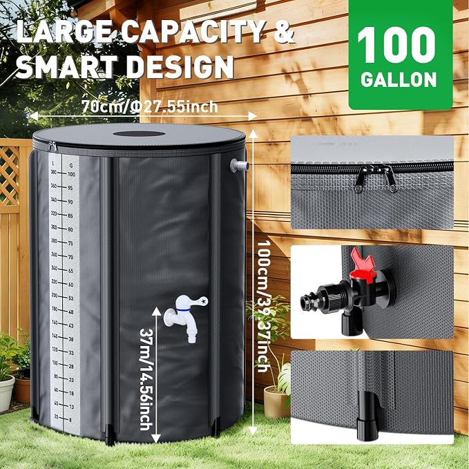 Yesker Collapsible Rain Barrel, 100 Gallon Portable Rainwater Collection System, 550D PVC Water Storage Tank, Rain Catcher with Spigots Filter Overflow Kit, Grey