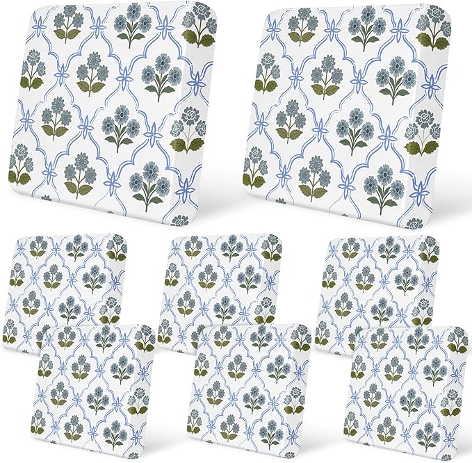 pickyNproud 8Pcs Patio Cushion Covers Stretch Outdoor Couch Cushions Slipcovers Replacement Washable Furniture Protector with Elastic Bottom Sofa Chair Seat Cover, Blue Floral