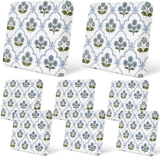 pickyNproud 8Pcs Patio Cushion Covers Stretch Outdoor Couch Cushions Slipcovers Replacement Washable Furniture Protector with Elastic Bottom Sofa Chair Seat Cover, Blue Floral