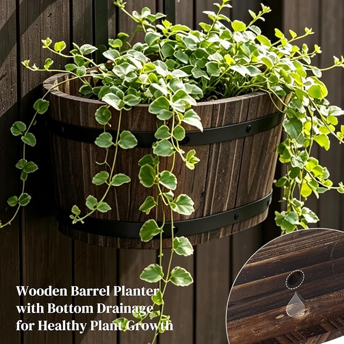 Railing Planters for Outdoor Plants Balcony Hanging Flower Pots with Detachable Hooks, Window Flower Box Hanging Bucket Pots Fence Planters for Garden Home Decor(Carbonized-2pack, Large)