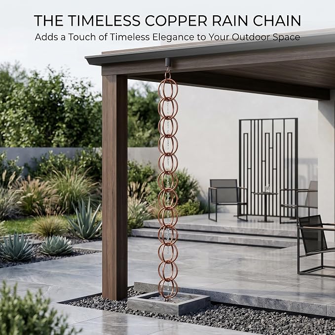 Topadorn 7.7FT Copper Double Ring Rain Chain, Modern Decorative Metal Downspout Replacement, Adjustable Outdoor Water Diverter for Garden, Patio & Porch