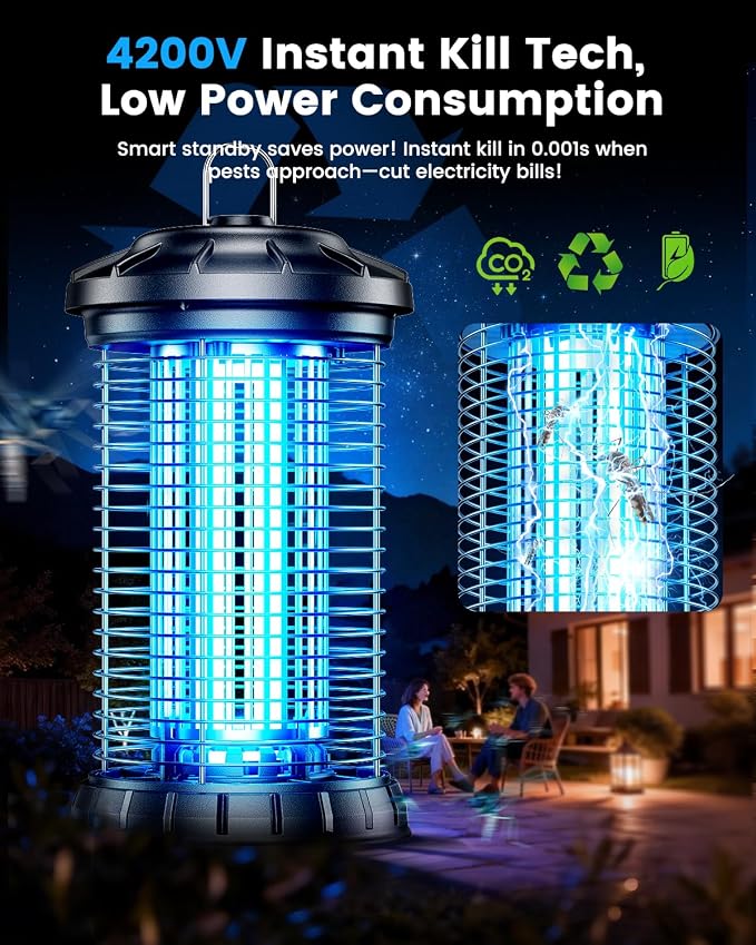 Bug Zapper for Outdoor, 4200V Smart High Voltage with Dual-Wavelength UV, CO2 Mimic, IPX5 Waterproof Insect Trap for Patio, Backyard, Garden