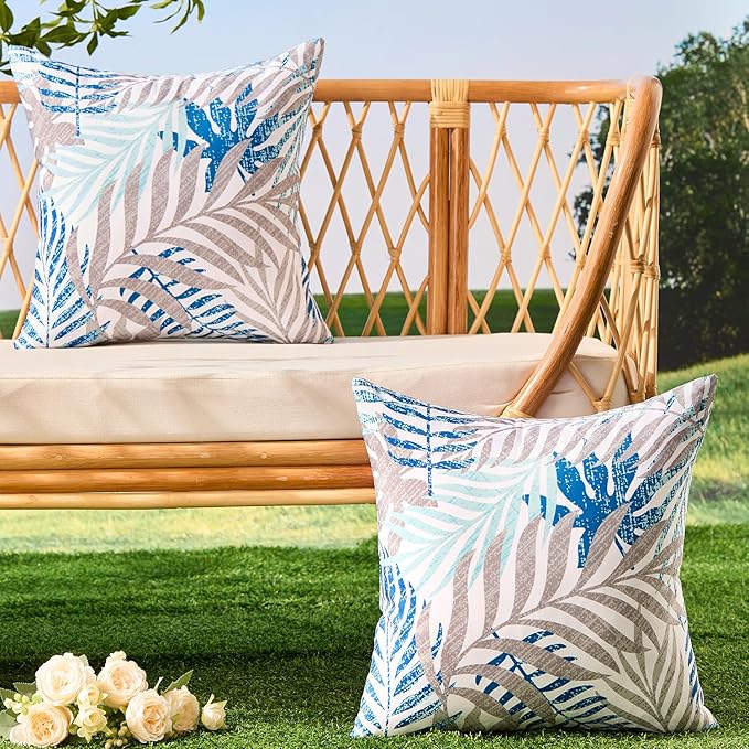 Allorry Outdoor Pillow Covers 16x16 Set of 2 Hawaii Tropics Palm Leaves Blue Gray Floral Pattern Decoration Pillow Covers for Spring Summer Outdoor Waterproof Garden Patio Sofa Bed Decor JB010-B16