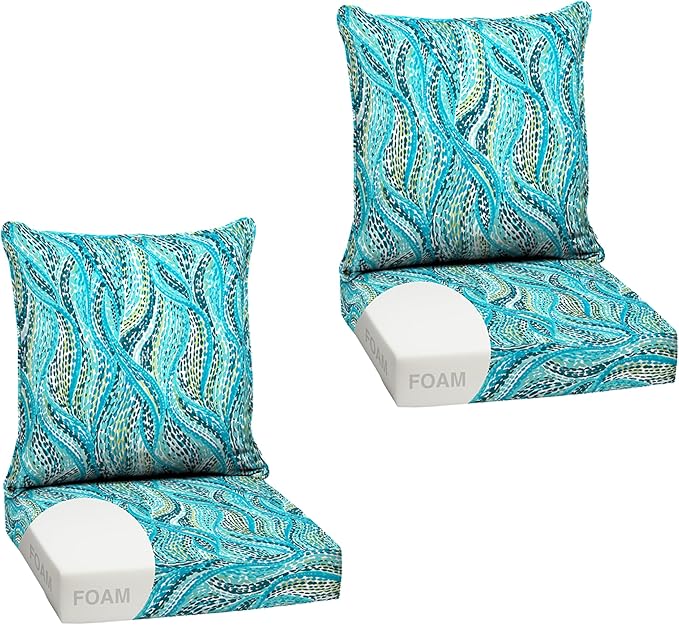 Arden Outdoor Foam Deep Seat Cushion Set (2-Pack), 24x24, Premium High-Density Foam, Never Flattens, Weather-Proof for Patio Chair Sofa Couch, Teal Ariel