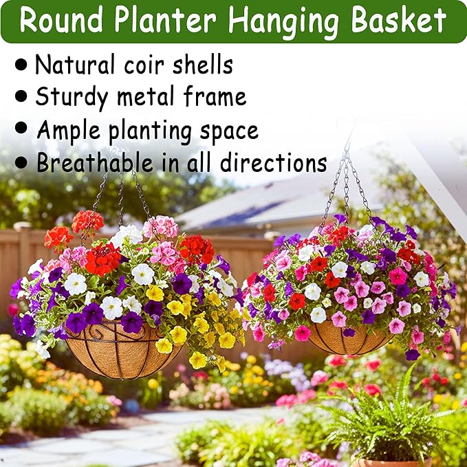 14 Inch Hanging Planters (4 Pack) - Round Metal Baskets with Cocoa Liners for Indoor/Outdoor Gardens, Porch & Patio Decor（HB）