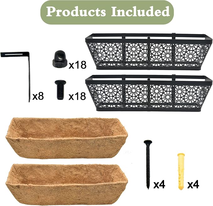 Black Metal Railing Planter Window Box (2 Pack, 24 Inch) Horse Trough Planter with Coco Fiber Liner Deck Balcony Rail Planters for Porch Fence Patio Outdoor Garden Décor