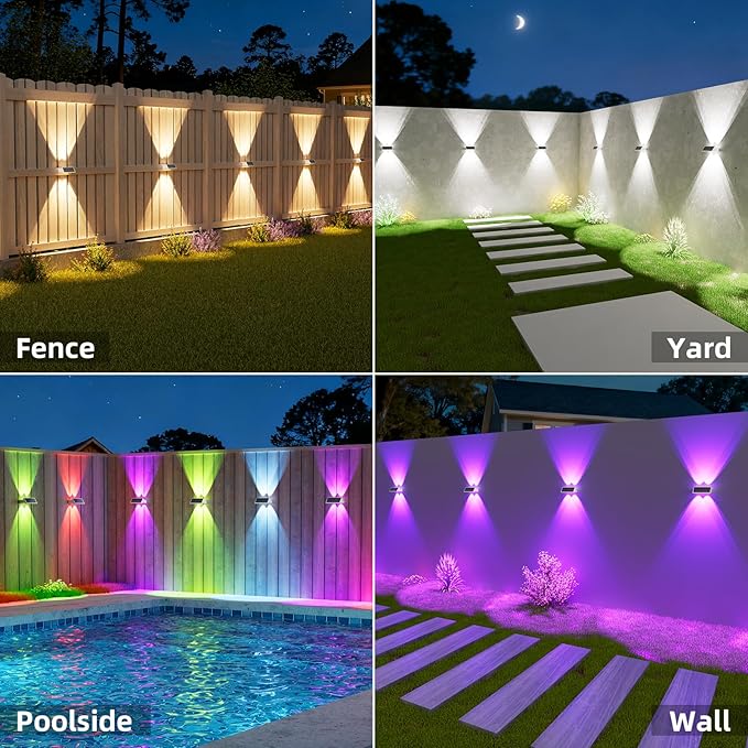 NIORSUN Solar Fence Lights Outdoor, 8 Pack Up and Down Waterproof Solar Wall Lights, Fence Lights with Lens, Warm & Cool White + RGB, Dusk to Dawn Lighting for Patio, Backyard, Pool, Railing (White)