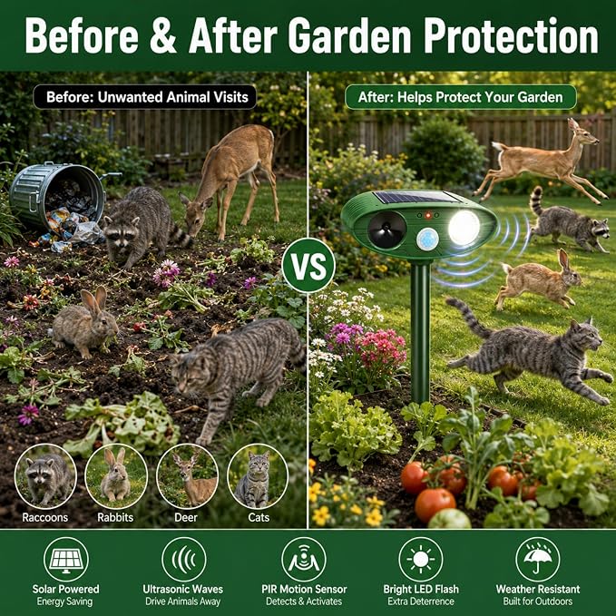 2 Pack Upgraded Sonic Deer Repellent Devices,Solar Ultrasonic Animal Repeller Outdoor for Racoons,Squirrels,Cats,Rabbits &Foxes,Waterproof Flashing Light Motion Sensor Animal Deterrent for Garden Yard