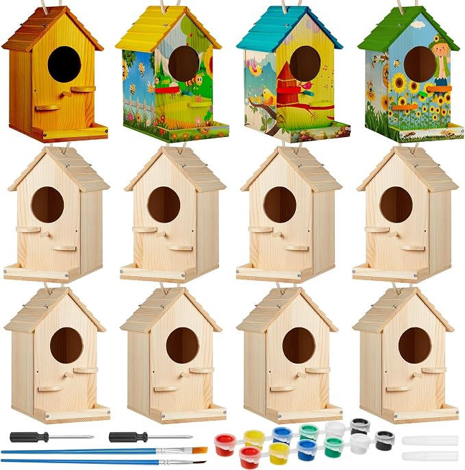 Liliful 12 Pack Wooden Birdhouse Kit for Kids and Adults, DIY Painting Set & Real Outdoor Birdhouse, Durable Craft for Garden, Classroom, Birthday Gifts Ages 3-5 4-8 8-12