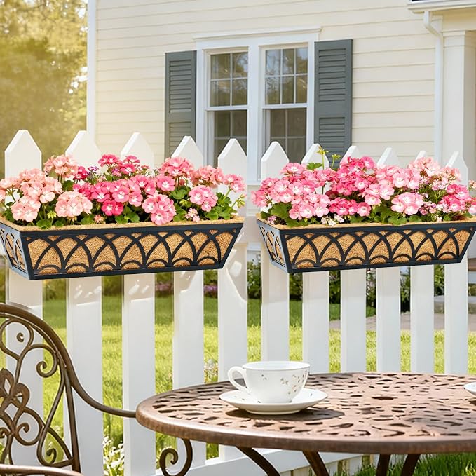 24 Inch Railing Planter Box Window Boxes Planters - 4 Pack Deck Railing Planter Boxes with Adjustable Brackets Coco Liners Balcony Planters Railing Hanging for Window Flower Boxes Outdoor Garden Decor