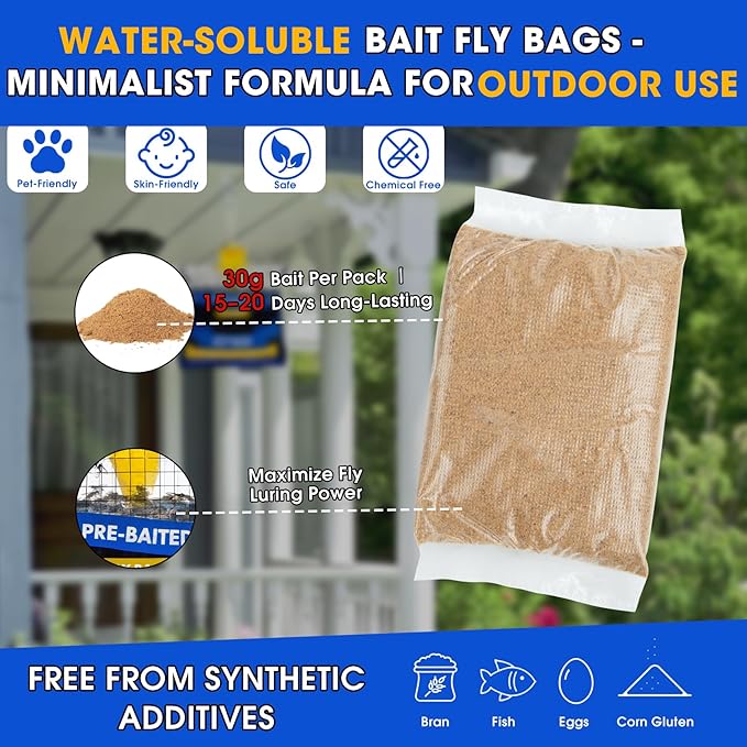 6 Pack Fly Traps Outdoor Hanging for Patio, Outdoor Disposable Hanging Fly Trap with 30g Bait, Bug Fly Hunter Catcher Killer Control for Barn Horse Ranch Chicken Coop