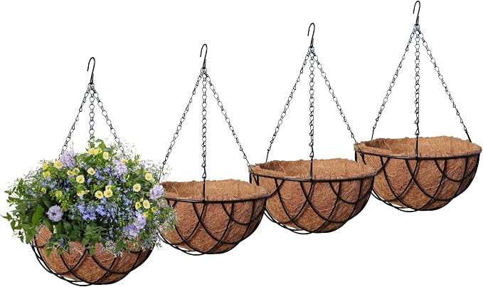 MTB Supply 4 Pack 10 Inch Garden Hanging Baskets Vintage Geo with Coco-Liner for Home Balcony Patio Decoration Outdoor Hanging Planter