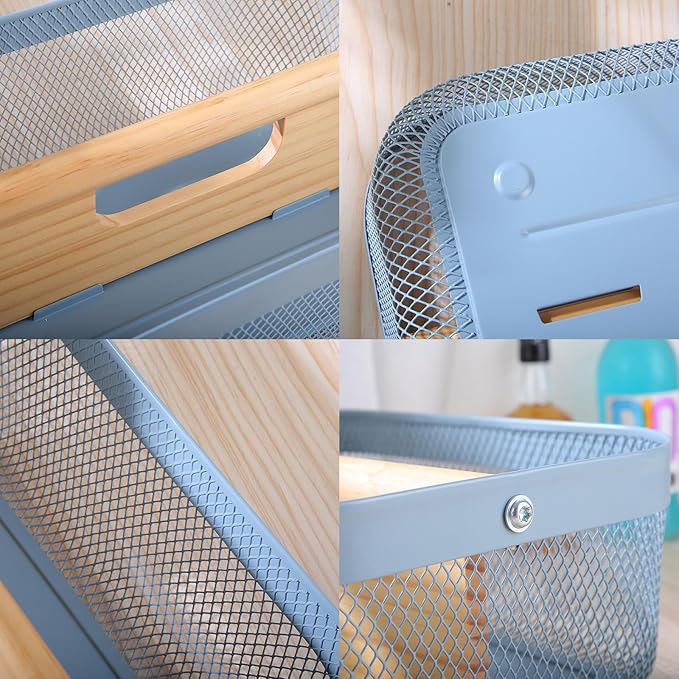 AJIODA Metal Mesh Steel Storage Basket, Garden Harvest Wire Organizer Basket Multi-functional Kitchen Fruit Basket with Wooden Removable Partition & Handle for Bathroom Picnic Decor Cabinet, Blue