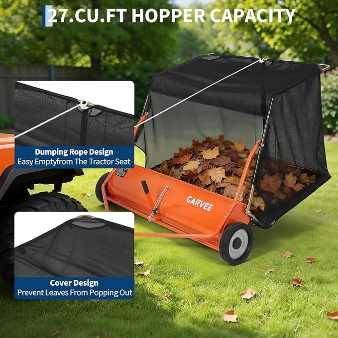 Garvee 52" Tow-Behind Lawn Sweeper – 27 cu.ft. Large-Capacity Pull-Behind Grass & Leaf Collector, Heavy-Duty Adjustable Height, Dumping Rope Design for Easy Debris Disposal, Fits Tractors & ATVs