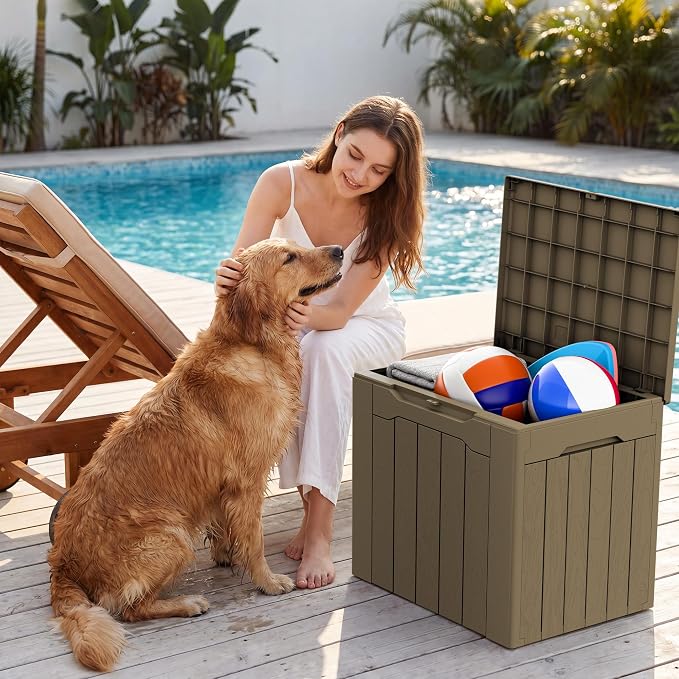 Devoko 29 Gallon Waterproof Outdoor Storage Box Resin Deck Box Lockable and UV Resistant for Patio Furniture, Garden Tools (Light Brown, 29 Gallon)