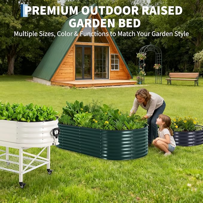 Garvee Galvanized Raised Garden Bed Large Oval Kit with Cover Zippered Screen Doors, Open Base Design, Thick Steel, Easy Assembly, Planter Box for Vegetables, Flowers (Dark Green, 8x4x2 ft)