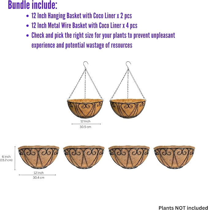 LaLaGreen Bundle- 4-Pack, 12 Inch Metal Basket with Coco Liner + 2-Pack, 12 Inch Hanging Basket with Coco Liner Flower Plant Holder Hanger Fence Rail Deck Patio Semi Round Balcony Garden Decor Outdoor