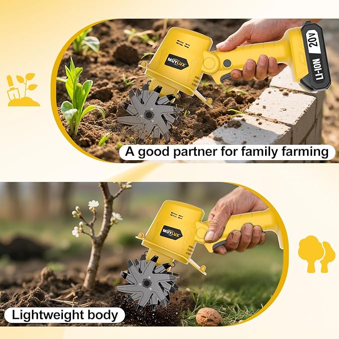 20V Cordless Tiller Cultivator for Gardening, Electric Garden Tiller with Battery & Charger, Garden Rototiller for Lawn Gardening Soil Cultivation, 2 Batteries