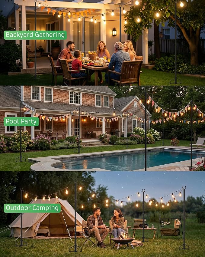 LAND·VOI String Light Poles 4 Pack, Heavy Duty Outdoor Light Poles with Upgraded 5‑Prong Base, Anti‑Bending Stable Design for Backyard Patio Garden Wedding Party Decoration