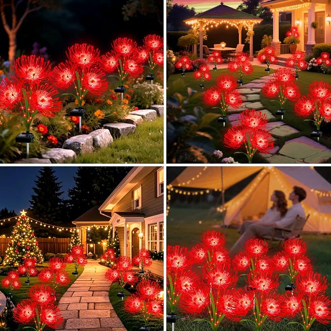 Solar Garden Flower Lights Outdoor, 4 Pack Red Spider Lily with Glowing Stems, Waterproof LED Yard Lawn Pathway Decor, Elegant Patio Garden Decoration, for Mom, Grandma, Women