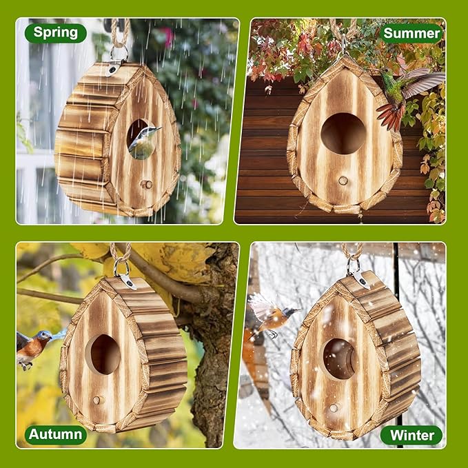 NATUREYLWL Hummingbird House for Outside - Natural Wooden Birdhouse for Bluebirds, Finches, Cardinals - Small Hanging Bird Nesting Box for Garden, Patio, or Yard - 5.9" D x 4.1" W x 3.8" H