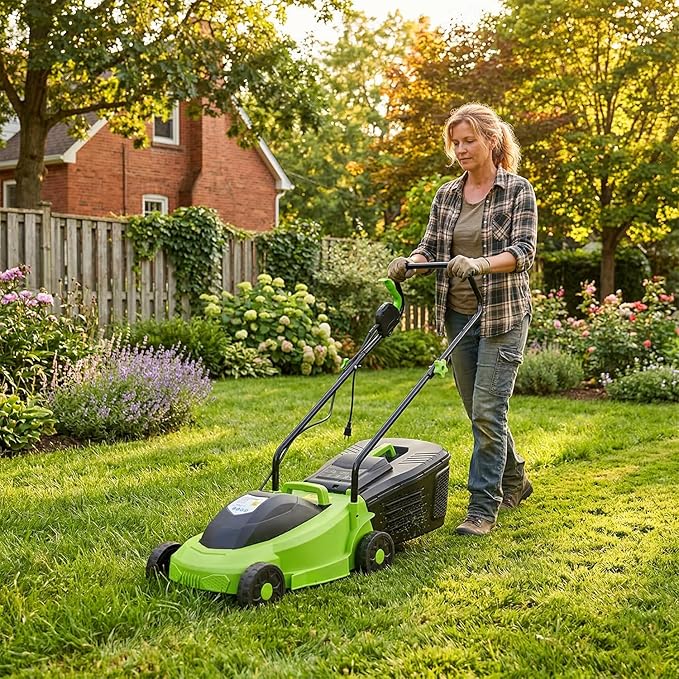 ‌FDW 13-Inch Electric Corded Push Lawn Mower - 12 Amp Motor, 3-Position Height Adjustment, Dethatcher Function & Grass Collection Box