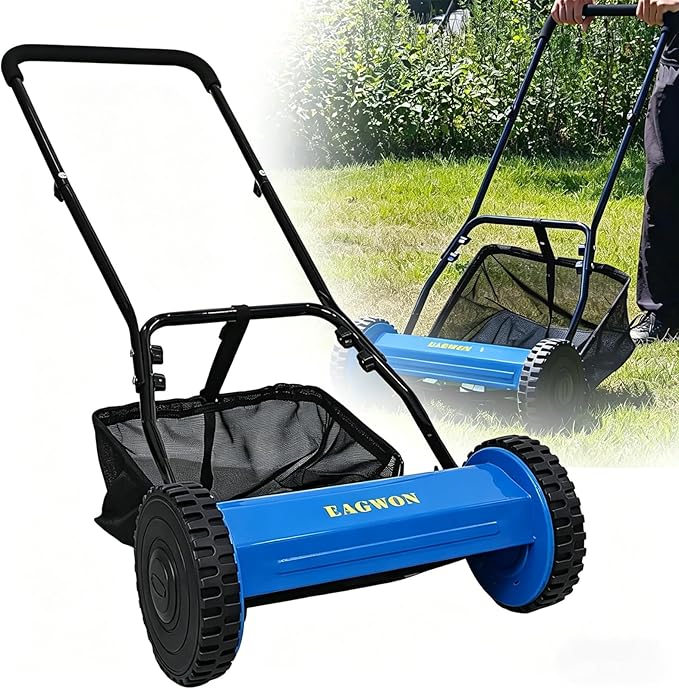 14-Inch 5-Blade Manual Push Reel Lawn Mower Cordless, with Removable Grass Catcher Bag & Adjustable Cutting Height, for Yard & Garden Grass Cutting, Blue
