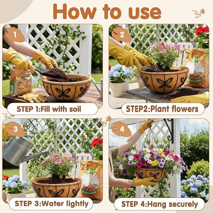 14 inch Metal Hanging Baskets For Plants Outdoor 4 Pack Round Metal Wire Hanging Basket Planter with Coco Fiber Liners Chain Round Wire Plant Holder for Garden, Patio, Deck, Porch Plants Flower Potss