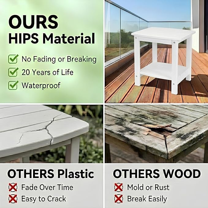 Y&M Outdoor Side Table, HIPS Adirondack Small Double Layer Table, Waterproof Square Outside Table, Balcony Modern End Tables for Patio, Pool, Beach, Porch, Deck, Indoor or Outdoor Use, White