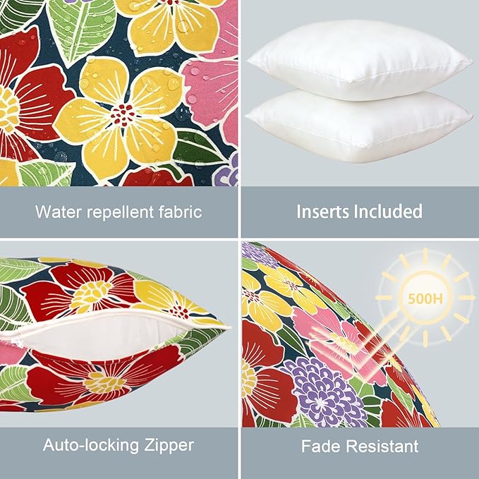 LVTXIII Outdoor Throw Pillows 20x20 Patio Waterproof Square Pillows with Piping Fade Resistant Accent Pillow for Spring Summer Garden Decoration, Set of 2, Flower Bloom