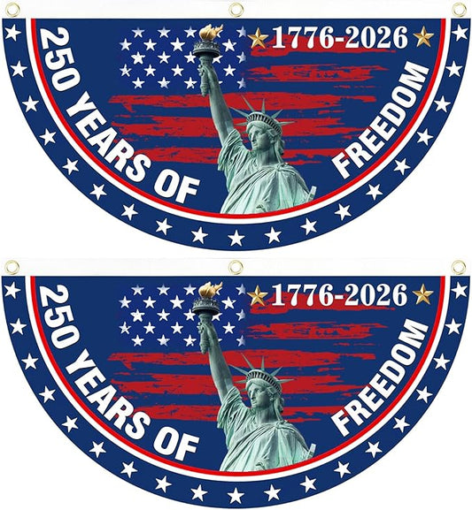 2PCS USA Anniversary 250th Flag, 1.5X3 FT Anniversary Fan Flags, Yard Signs Hanging Decor for Outdoor, Front Door, Porch, Welcome Backdrop with Brass Grommets (Style 3)
