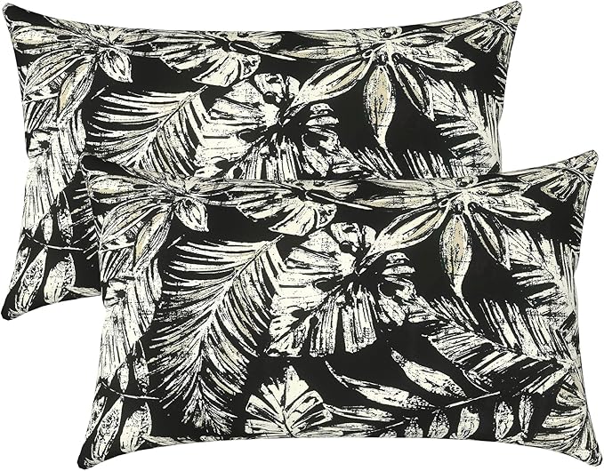 LVTXIII Outdoor/Indoor Lumbar Pillows, Decorative Patio Lumbar Cushions, Fluffy Water Repellent Garden Cushions for Home Patio Coach Sofa Use, 12×20 Inch, Pack of 2, Tropical Leaf Black