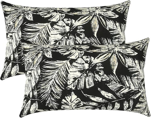 LVTXIII Outdoor/Indoor Lumbar Pillows, Decorative Patio Lumbar Cushions, Fluffy Water Repellent Garden Cushions for Home Patio Coach Sofa Use, 12×20 Inch, Pack of 2, Tropical Leaf Black