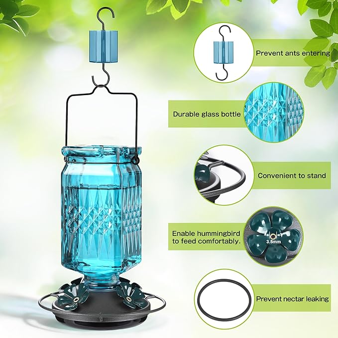 20oz Glass Hummingbird Feeder for Outdoors Hanging, Bird Nectar Feeder with 4 Bee Guard Flower-Shaped Feeding Ports & Built-in Ant Moat, for Bird Lover, Blue (2 Pack)