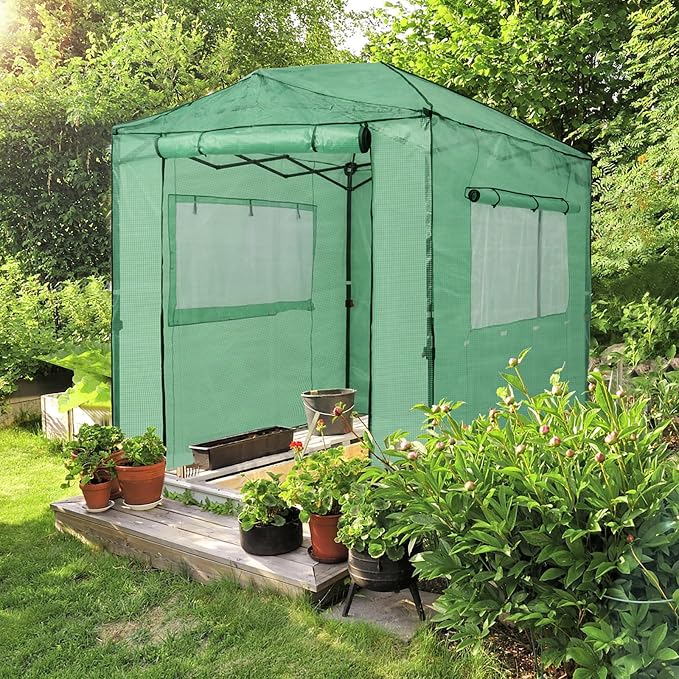 EAGLE PEAK Replacement Cover for 8x6 Portable Walk-in Pop up Greenhouse, Front and Rear Roll-Up Zipper Entry Doors and 2 Large Roll-Up Side Windows (Frame Not Included), Green