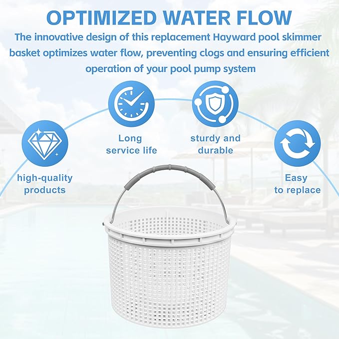 7'' Inground Pool Skimmer Basket for Hayward Skimmer Basket & Pool Filter Basket SP1082CA | Built-in Weight | with Stainless Steel Handle & Rubber Grip
