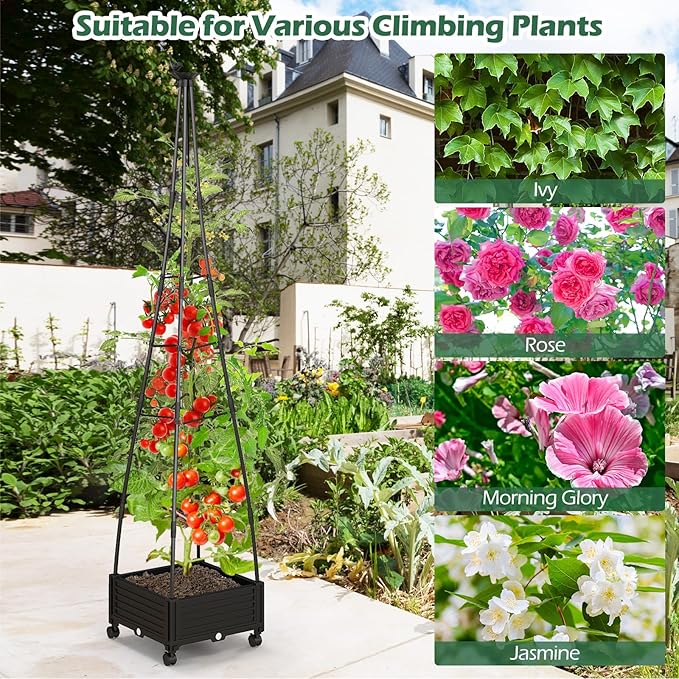 HAPPYGRILL Raised Garden Bed, 81” Tomato Cage w/Self-Drainage System, Adjustable Size & Wheels for Climbing Vine Fruits Flowers, Tomato Planter Box for Indoor Outdoor Yard Lawn Patio Greenhouse (2)